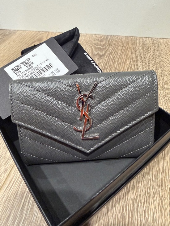Saint Laurent Handbags - Saint Laurent Gray Chevron Quilted Leather Envelope Wallet with YSL Logo